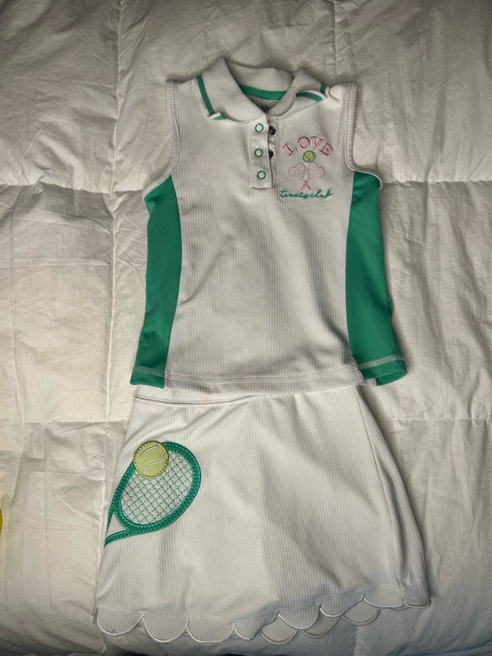 White & Green Tennis Dress with Racket Detail